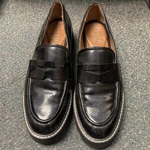 Franco Sarto Chunky Loafer Women's Size 7 Black Balin Crinkle Patent Leather Y2K